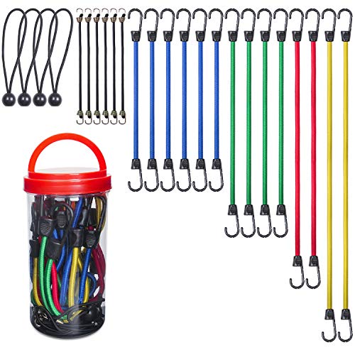 EFFICERE Best Choice 24-Piece Premium Bungee Cord Assortment in Storage Jar - Includes 10”, 18”, 24”, 32”, 40” Bungee Cords and 8” Canopy/Tarp Ball Ties
