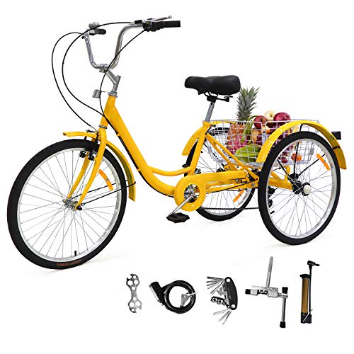 EOSAGA Adult Tricycles Three Wheel Trike Bike Cruiser 7 Speed, Adult Trikes 24 inch Wheels Low Step-Through with Cargo Basket/Full Assembly Tool for Women, Men, Seniors (Yellow, 24'' Wheel)