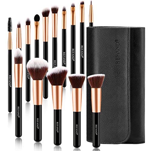 Refand Makeup Brushes, 15pcs Face Brushes Cosmetics Kabuki Foundation Powder Concealers Blending Eye Shadows Professional Make Brushes Kit with Pu Leather Storage Bag Rose Gold Black