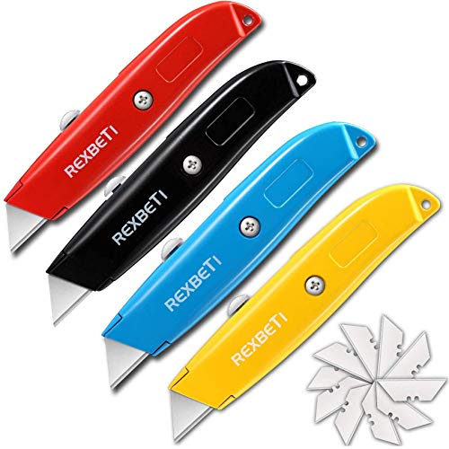 REXBETI 4-Pack Utility Knife, Heavy Duty Retractable Box Cutter for Cartons, Cardboard and Boxes, Extra 10 Blades Included (Multicolor)