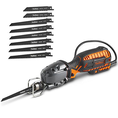 VonHaus 5 Amp Compact Reciprocating Saw Kit Electric Saw with 8 Blades, ½” Stroke Length, Max. Cutting Capacity 4½”, 3000SPM and 16ft Cable, For DIYWood Cutting & Metal Cutting