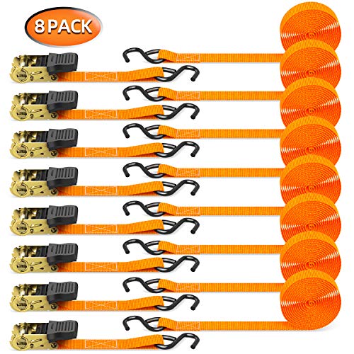 Ratchet Tie Down Strap 8-Pack 15 Ft - 500 lbs Load Cap with 1500 lbs Breaking Limit, Ohuhu Ratchet Tie Downs Logistic Cargo Straps for Moving Appliances, Motorcycle, Orange