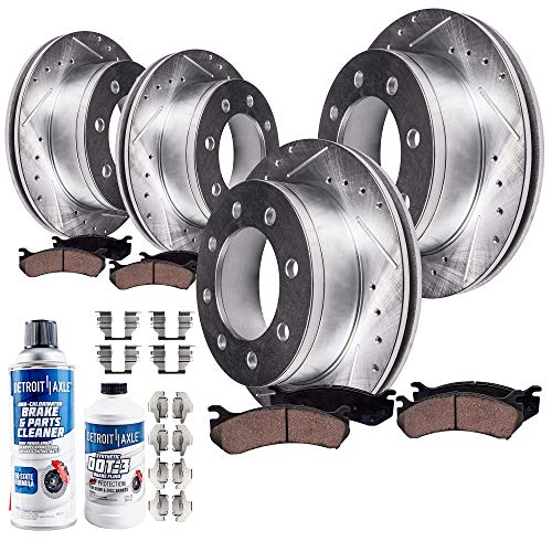 Detroit Axle - All (4) Front and Rear Drilled and Slotted Disc Brake Kit Rotors w/Ceramic Pads w/Hardware & Brake Kit Cleaner & Fluid for 2009-2011 Ford F-250 / F-350 Super Duty 4WD SINGLE REAR WHEEL