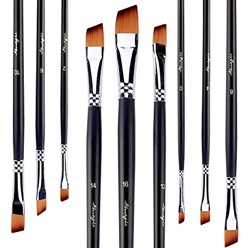 Amagic Angled Flat Tipped Brushes with Case, Art Angular Paintbrush Set for Acrylic Oil Watercolor, Professional Painting Kits with Synthetic Nylon Tips, Set of 9