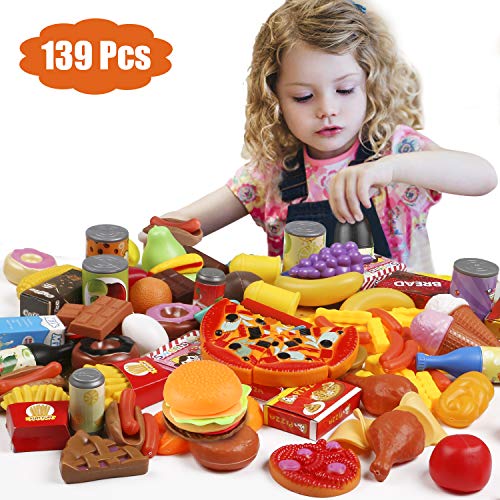 Tencoz Play Food Set, 139 Pieces Play Food Kitchen Toys with Fruits Vegetables Drinks Etc Pretend Play Food Toys Gifts for Kids Toddlers Girls, BPA-Free