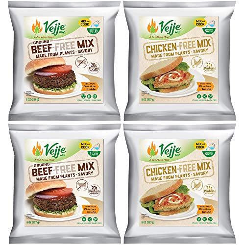 Vejje Meat-Free Mixes - CHICKEN-FREE & GROUND BEEF-FREE MIXES (Variety 4-Pack) (Two 8oz Bags of Each - Makes 5.5 lbs Total) Plant-Based Meat Alternative for Everything from Tacos to BBQ and more.