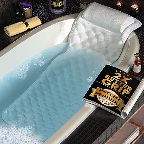 Premium Full Body Bath Pillow For Tub [22 Anti-Slip Suction Cups], Extra Soft Neck & Back Support to Relax & Unwind, QuickDry Fabric, Cooling Effect, Durable & Cushioned | Free Machine Washable Bag