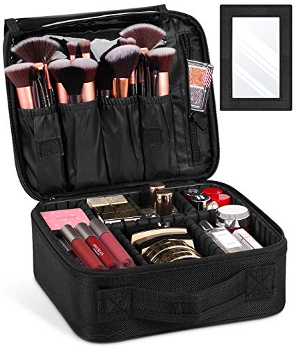 Syntus Travel Makeup Bag with Mirror, Portable Train Cosmetic Case Organizer with Adjustable Dividers Large Capacity for Cosmetic Makeup Brushes Toiletry Jewelry Digital Accessories, Black