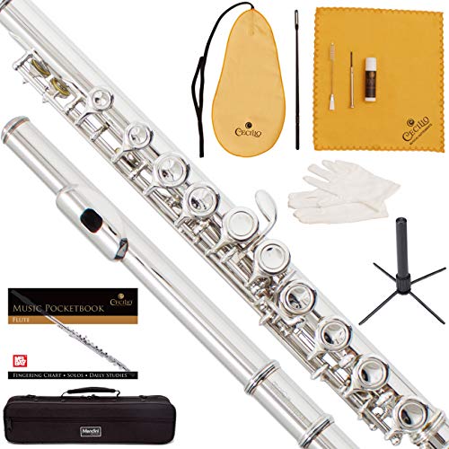 Mendini by Cecilio Closed Hole Student Nickel Plated C Flute with Case, Stand, Pocketbook, Cleaning Rod, Cleaning Cloth, Joint Grease, Mouthpiece Brush, Gloves, Screwdriver and 1 Year Warranty