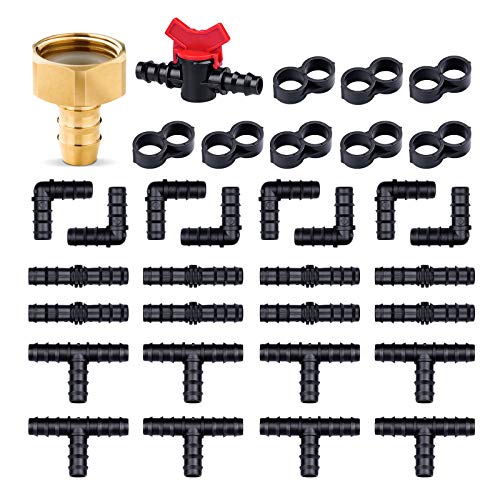 HIRALIY Drip Irrigation Fittings 1/2' Tubing 34 Piece Set-1 Faucet Adapter,1 Switch Valve,8 Tees, 8 Couplings,8 Elbows,8 End Cap Plugs- Barbed Connectors and Compatible Drip or Sprinkler Systems