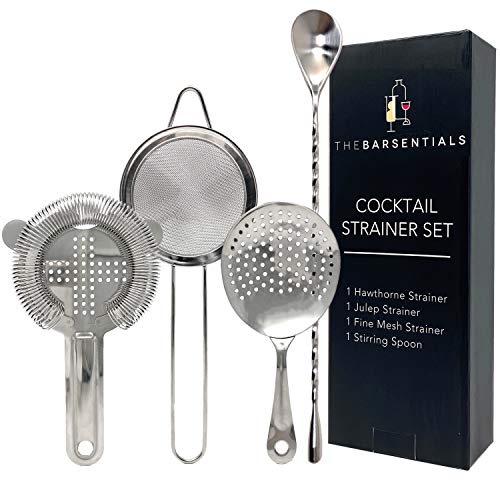 TheBarsentials Cocktail Strainer Set Stainless Steel Bar Tool with Stirring Spoon - Hawthorne Strainer, Julep Strainer, Fine-Mesh Strainer / Sifter