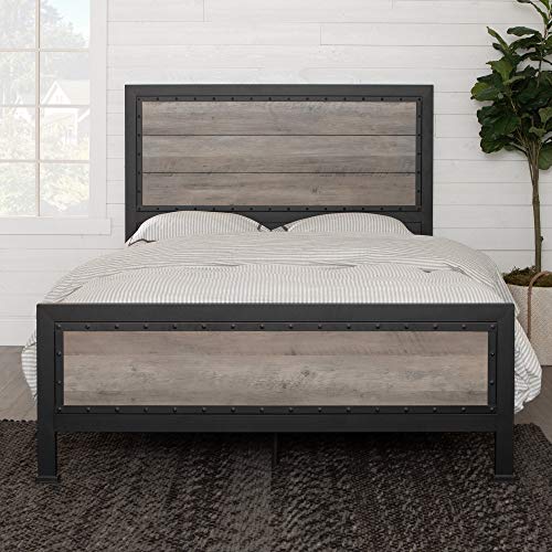 Walker Edison Furniture Company Rustic Farmhouse Wood Queen Metal Bed Headboard Footboard Frame Bedroom, Grey Wash