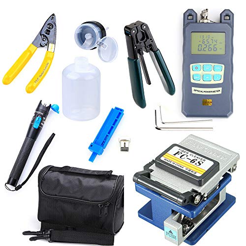 FTTH Fiber Optic Tool Kit,Assembly Fiber Termination Tool w/FC-6S Fiber Cleaver and Optical Power Meter Finder Visual Fault Locator Cable Tester Stripping Tool Scissors Equipment