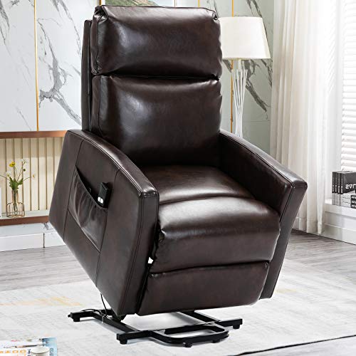 Bonzy Home Power Lift Recliner Chair for Elderly with Remote, 3 Position & Side Pocket, Faux Leather Reclining Chair Home Theater Seating-Brown