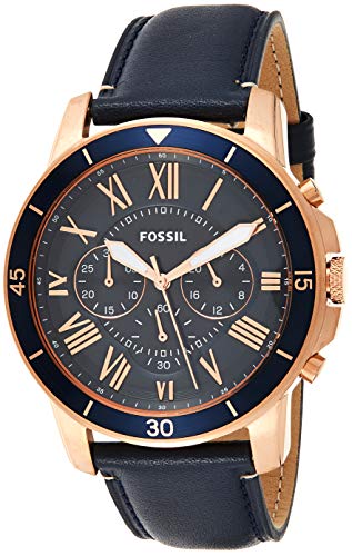 Fossil Men's Grant Sport Quartz Leather Chronograph Watch, Color: Rose Gold, Blue (Model: FS5237)