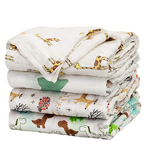 Baby Swaddle Blanket Upsimples Unisex Swaddle Wrap Soft Silky Bamboo Muslin Swaddle Blankets Neutral Receiving Blanket for Boys and Girls, 46 x 45 inches, Set of 4 - Fox/Elephant/Giraffe/Dinosaur