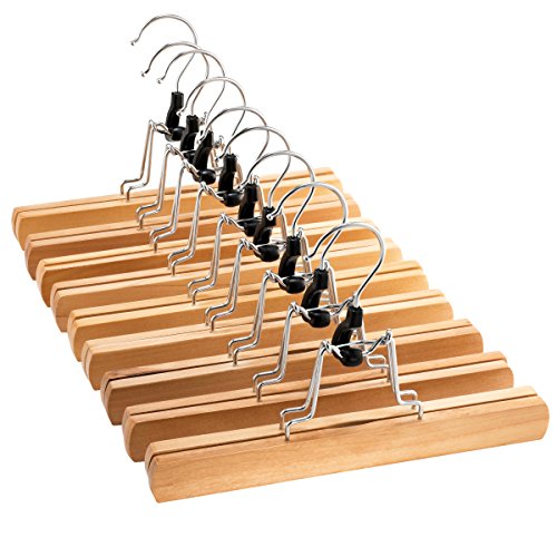 High-Grade Wooden Pants Hangers with Clips 10 Pack Non Slip Skirt Hangers, Smooth Finish Solid Wood Jeans/Slack Hanger with 360° Swivel Hook - Pants Clip Hangers for Skirts, Slacks - Clamp Hangers