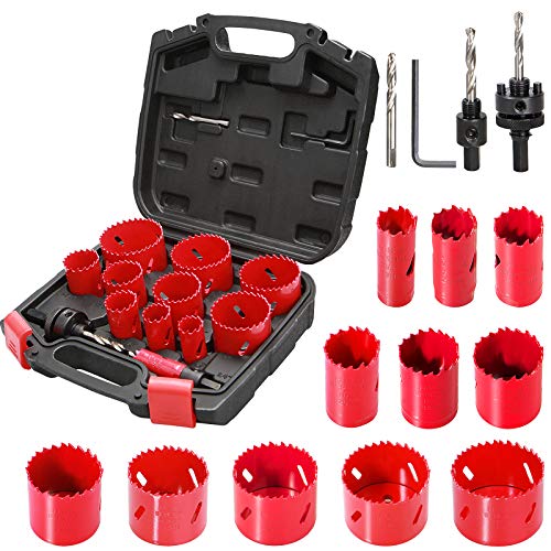 Bi-Metal Hole Saw Kit, HYCHIKA 17 Pcs High Speed Steel 3/4 inches- 2-1/2 inches Set in Case with Mandrels, Durable High Speed Steel, Perfect for Drilling PVC Board, Metal, and Plastic Plate