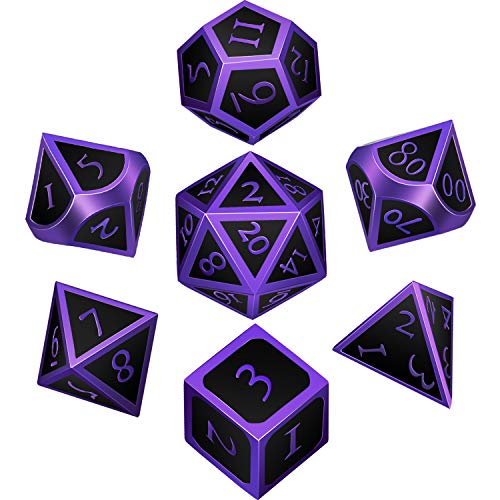 Hestya 7 Pieces Metal Dices Set DND Game Polyhedral Solid Metal D&D Dice Set with Storage Bag and Zinc Alloy with Enamel for Role Playing Game Dungeons and Dragons, Math Teaching (Purple Edge Black)