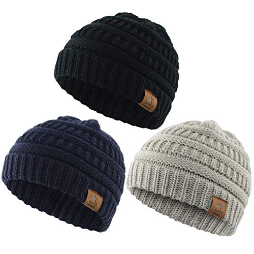 Durio Soft Warm Knitted Baby Hats Caps Cute Cozy Chunky Winter Infant Toddler Baby Beanies for Boys Girls 3 Pack Black & Light Grey & Navy