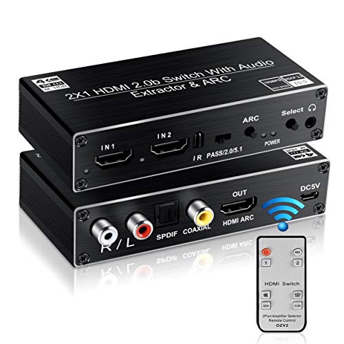 avedio links HDMI Switch Audio Extractor, HDMI Switch Splitter 2 Inputs 1 Output with Remote 4K@60hz, 2-Port HDMI2.0b Switcher Box with Optical Toslink SPDIF+Coaxial+Analog RCA Stereo Audio Out