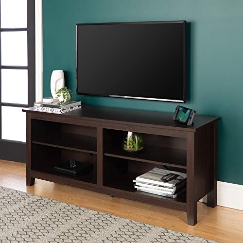 WE Furniture Minimal Farmhouse Wood Universal Stand for TV's up to 64' Flat Screen Living Room Storage Shelves Entertainment Center, 58 Inch, Espresso