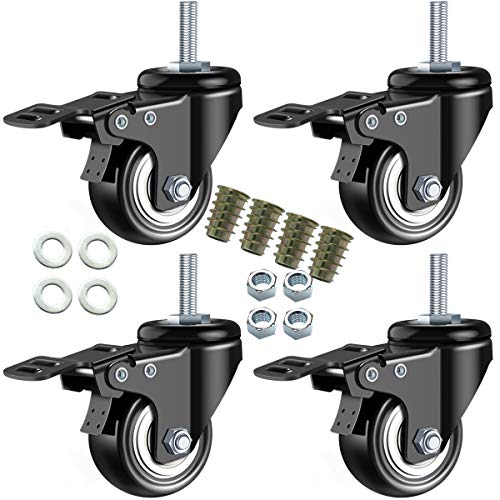 DICASAL 2' Stem Casters, Heavy Duty Swivel Stem Casters PU Foam Quite Mute No Noise Castors Markless Wheels Double Bearings and Locks Loading 300 Lbs Pack of 4 with Brake Black