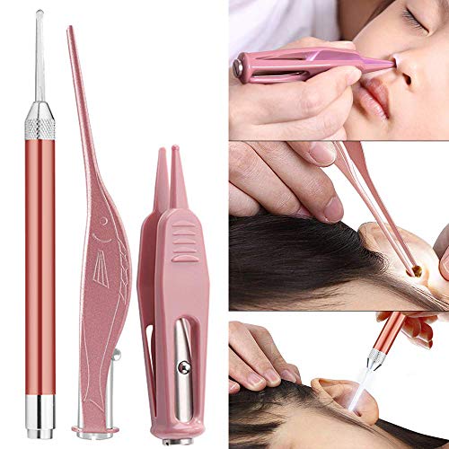3 Pcs Earpicks Ear Wax Removal Tools with LED Light - Ear Spoon Digger & Tweezers for Ear Health Care & Nose Cleaning Pick Nipper for Baby Gift Set with Case (Rose Gold)