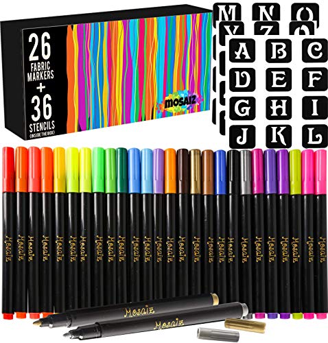 26 Fabric Markers Pen Set with Gold and Silver and 36 Stencils Permanent Ink Colors Art Marker for Fabric Painting Writing on Cloth Laundry Clothes Canvas Bags Shirts Shoes Kids-Safe Paint