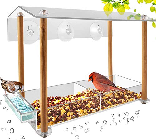 Bird Feeder, Strong Large Size with Suction Cups & Seed Tray, Separate Drinking-Water Sink & Wood Pillar Support, Weatherproof with Shield roof & Drain Hole, Outdoor Acrylic Bird House (12 inch) …