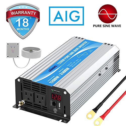 Power Inverter Pure Sine Wave 1200Watt 12V DC to 110V 120V with Remote Control Dual AC Outlets and USB Port for CPAP RV Car Solar System Emergency