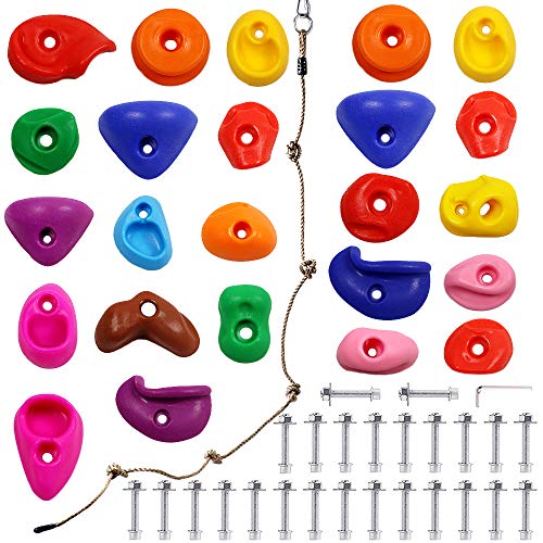 Newtion 25 Multi-Size Rock Climbing Holds for Kids and Adult,DIY Rock Climbing Holds Set with 25 Bolts,T-Nuts,Washers and 8 Foot Knotted Rope-Kids Indoor and Outdoor Play Set Use