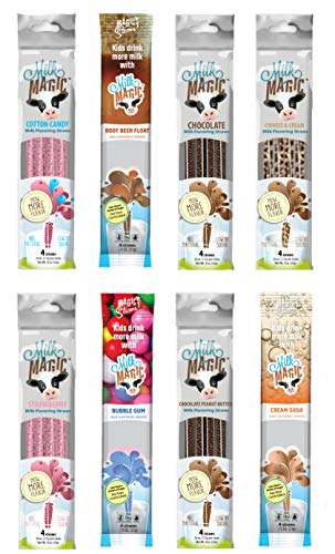 Milk Magic Milk Flavoring Straws 32 Straw Variety Pack Flavors May Include: Cookies and Cream, Chocolate, Strawberry, Cotton Candy, Root Beer Float, Cream Soda, Chocolate Peanut Butter and Bubble Gum