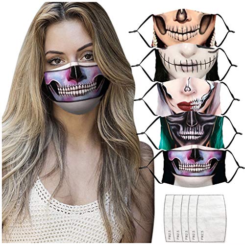 Novelty Halloween Face_Mask for Adults Washable Reusable Face Bandanas with 5Pcs Filters, ANI-Dust Skull Print Facial Decoration for Festival Party for Unisex (5Pcs+5pcs Gaskets, Mixcolor-D)
