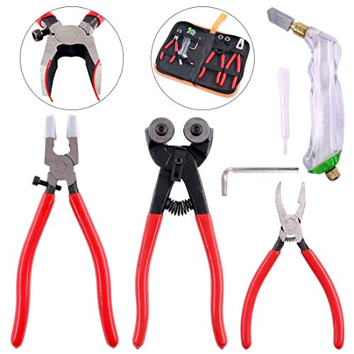 Hilitchi 5Pcs Wheeled Glass Tile Nipper Running Plier Breaking Grozer Plier Pistol Grip Glass Cutter with Bonus Hex Wrench Heavy Duty Stained Glass Tools Mosaic Tools Assortment Kit for Stained Glass