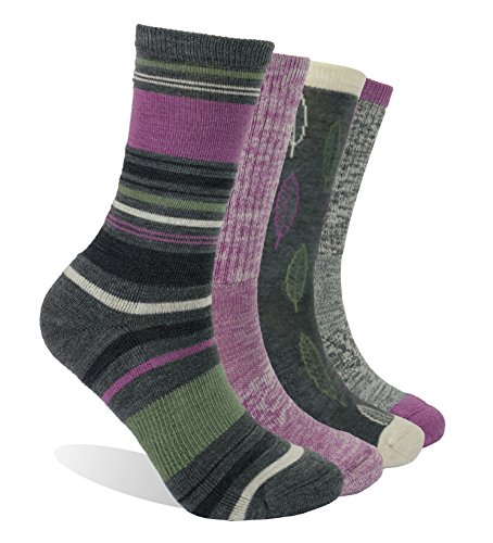 EnerWear 4 Pack Women's Merino Wool Outdoor Hiking Trail Crew Sock (US Shoe Size 4-10,Violet/Gray/Multi)