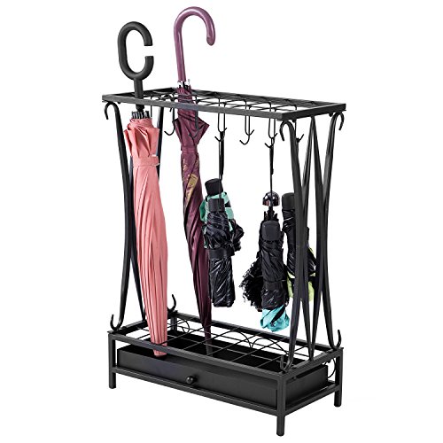 MyGift Modern Black Metal 21-Slot Freestanding Umbrella Stand Holder Storage Rack with 12 Hooks and Removable Base Drip Tray