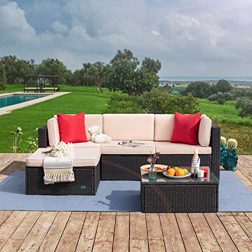 Tuoze 5 Pieces Patio Furniture Sectional Set Outdoor PE Rattan Wicker Lawn Conversation Sets Cushioned Garden Sofa Set with Glass Coffee Table (Beige)