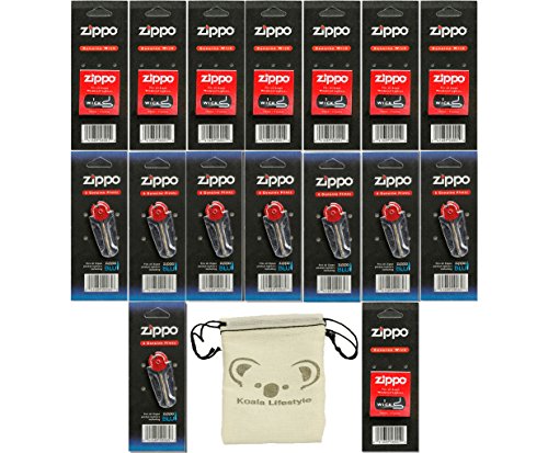 Zippo 8 Flint Dispensers (48 Flints) & 8 Wicks Lighter Replacement Set Co-Pack Pack | 17 Piece Bundle + Pouch