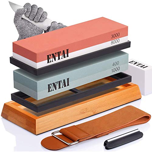 Knife Sharpening Stone Set, ENTAI 4 Side Grit 400/1000 3000/8000 Water Stone, Whetstone Set with Non-slip Bamboo Base, Flattening Stone, Angle Guide, Leather Strop and Cut Resistant Gloves