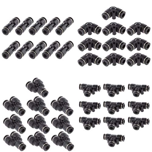 ALAVENTE 40 Pcs 1/4” Push to Connect Air Fittings 6mm Pneumatic Fittings Kit Air Line Quick Fittings, Inlcude 10 Spliters + 10 Elbows + 10 Tee + 10 Straight Tubes