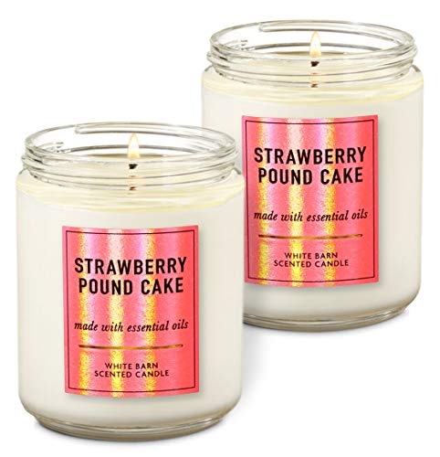 Bath & Body Works White Barn Strawberry Pound Cake Single Wick Scented Candle with Essential 7 oz / 198 g each Pack of 2