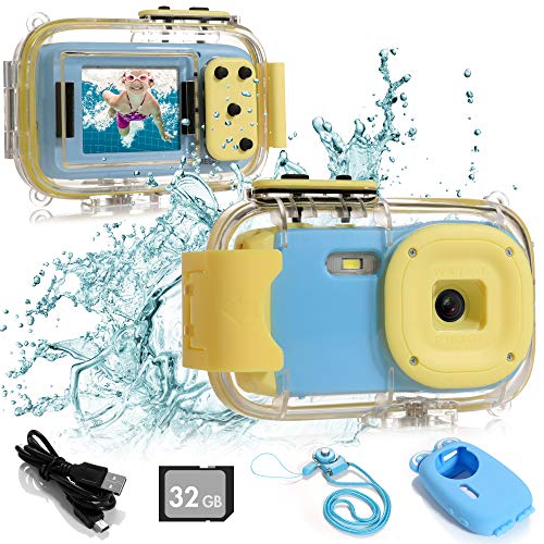 Batlofty Kids Underwater Camera, 8MP 1080P HD Waterproof Digital Camera with 2.0” IPS Screen, 32GB SD Card, Waterproof & Silicone Case, Lanyard, Camcorder for Kids Boys and Girls(Blue)