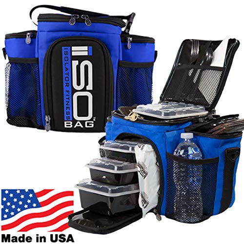 Isolator Fitness 3 Meal ISOBAG Meal Prep Management Insulated Lunch Bag Cooler with Stackable Meal Prep Containers, ISOBricks, and Strap - MADE IN USA (Blue/Black)