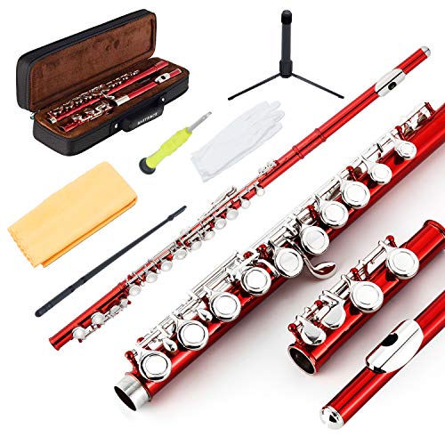 EastRock Closed Hole Flutes C 16 Key for Beginner, Kids, Student -Nickel Flute with Case Stand and Cleaning kit (Red)