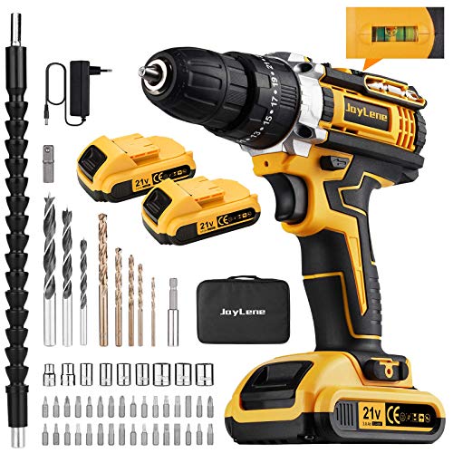 JayLene 21V Cordless Drill Set,Power Drill 59Pcs with 3/8 Inch Keyless Chuck,25 3 Clutch Electric Drill with Work Light(Max torque 45Nm,2-Variable Speed & 2 Batteries and Fast Charger)
