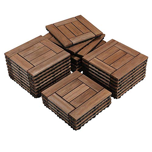 YAHEETECH Wood Deck Tiles Interlocking Floor Tiles Patio Pavers Decking Tiles Outdoor for Garage 12” x 12” 27PCS Brown