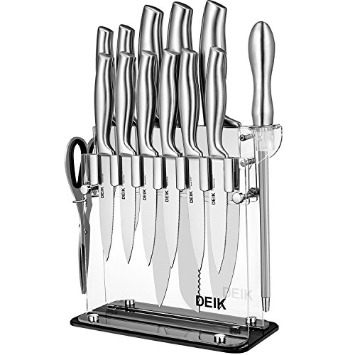 DEIK Knife Set High Carbon Stainless Steel Kitchen Knife Set 14 PCS, Super Sharp Cutlery Knife Set with Acrylic Stand and Serrated Steak Knives
