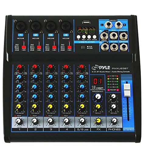 Pyle Professional Audio Mixer Sound Board Console - Desk System Interface with 6 Channel, USB, Bluetooth, Digital MP3 Computer Input, 48V Phantom Power, Stereo DJ Streaming & FX16 Bit DSP-(PMXU63BT)