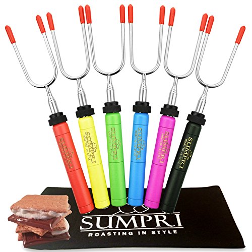 SUMPRI Marshmallow Roasting Sticks, Smores Skewers Telescoping Rotating Forks Set of 6 Hot Dog Fire Pit Outdoor Fireplace Campfire Accessories-6 Multicolored 34 Inch Extendable Steel Fork Camping Kit